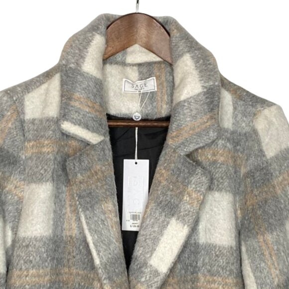 NWT Sage The Label Womens Charlie Plaid Long Coat XS - Ivory Gray Academia - Picture 3 of 16